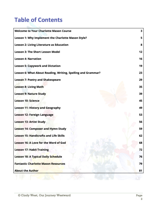 table of contents from a book